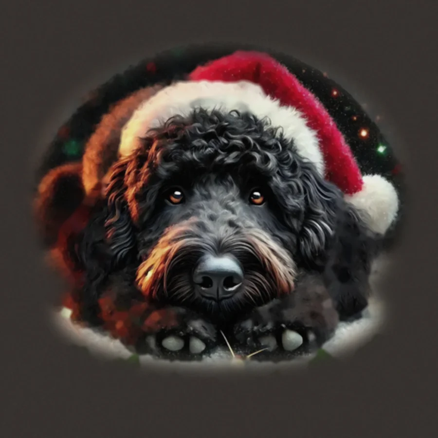 Plain AI starting image of a black doodle in a Santa hat resting its head on its paws, before finishing