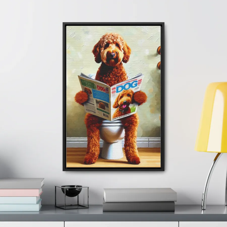 Framed canvas of a Goldendoodle sitting on a toilet reading a DOG magazine