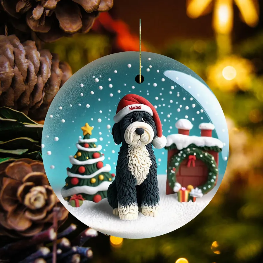 Snow globe style ornament of a clay-look Bernedoodle in a Santa hat reading Mabel