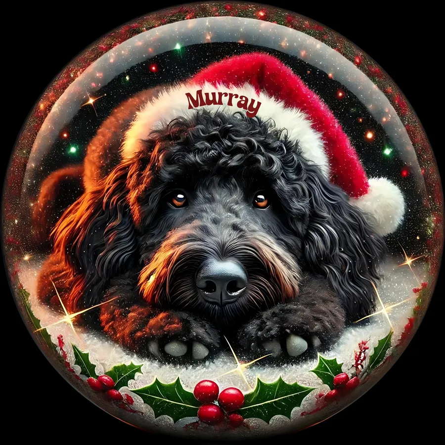 Finished ornament of a black doodle in a Santa hat personalized with the name Murray