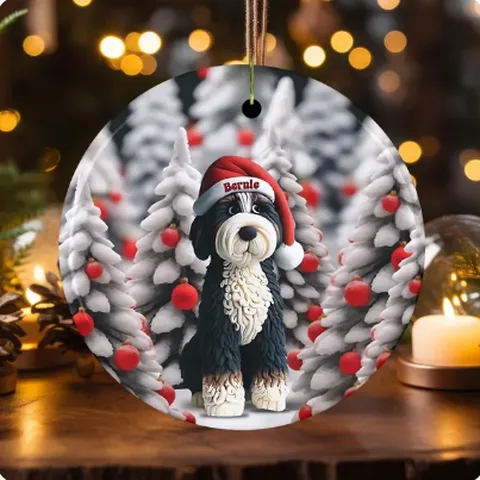 Clay-look Bernedoodle ornament in a Santa hat reading Bernie, inside a snowy globe