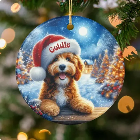 Goldendoodle ornament in a winter village, personalized Goldie