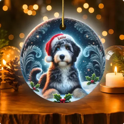 Merle Bernedoodle ornament with frosty swirls, personalized Esme