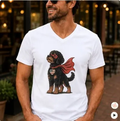 White fitted V-neck tee printed with a black and tan doodle wearing a red superhero cape